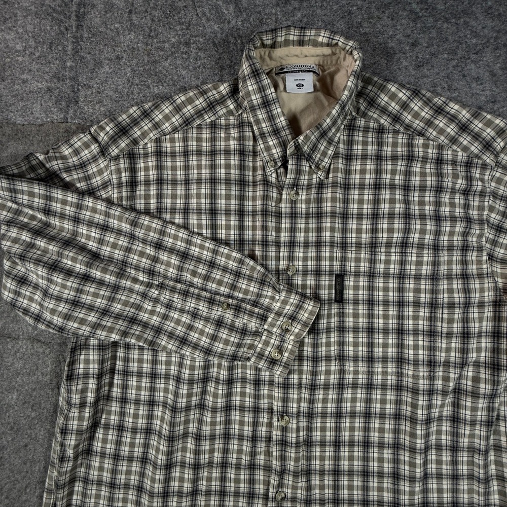 Vintage Columbia Button Down Shirt Mens XXL Tan White Plaid Long Sleeve Pocket